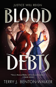 The cover of Blood Debts, illustrated by Khadijah Khatib. A Black teenage boy and a Black teenage girl stand back to back, looking at the viewer, a large moon behind them. The boy holds a skull in one hand. The girl holds a candle.