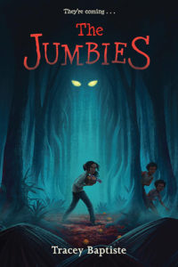 The cover of The Jumbies, illustrated by Vivienne To. A Black girl creeps cautiously through a dark forest, glowing yellow eyes peering down at her. Two Black boys peek out from behind a tree nearby.