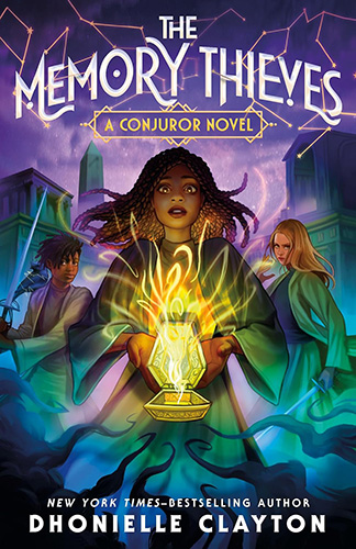 The cover of The Memory Thieves, illustrated by Khadijah Khatib. A Black girl with her hair in box braids wearing a green cloak holds a box. Magical yellow light pours from the open box as curling dark tendrils creep toward it. Behind the girl, a Black boy with dreads and a blonde white girl hold swords at the ready.