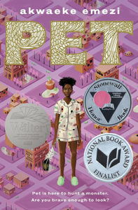 A teenage Black girl, her curly black hair gathered in a high ponytail on the top of her head, stands in pajamas and fuzzy slippers holding a white feather in one hand. A semi-flat cityscape is painted behind her with streets arranged in a grid format, buildings and trees dotting each block.