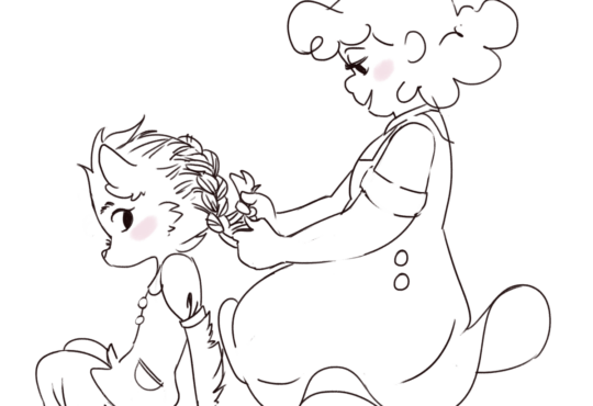 A ghost braids a werewolf girl's hair.