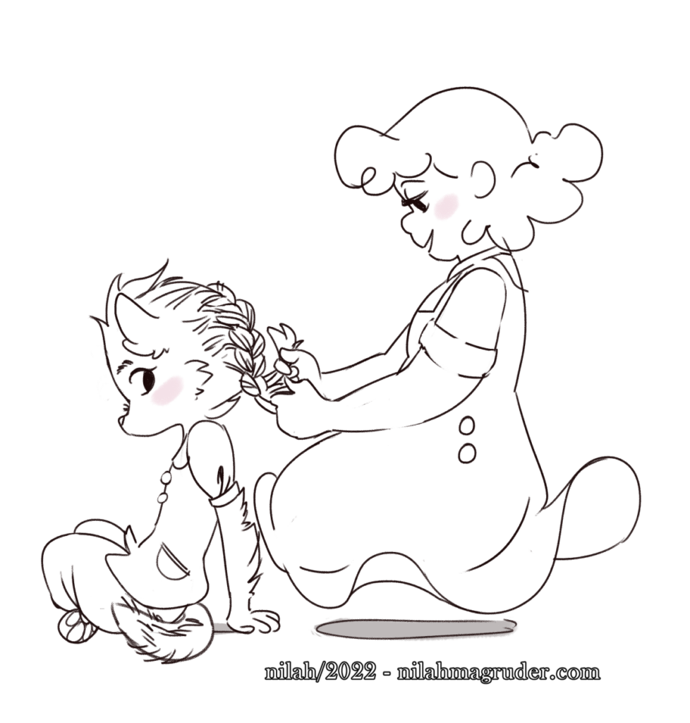 A ghost braids a werewolf girl's hair.