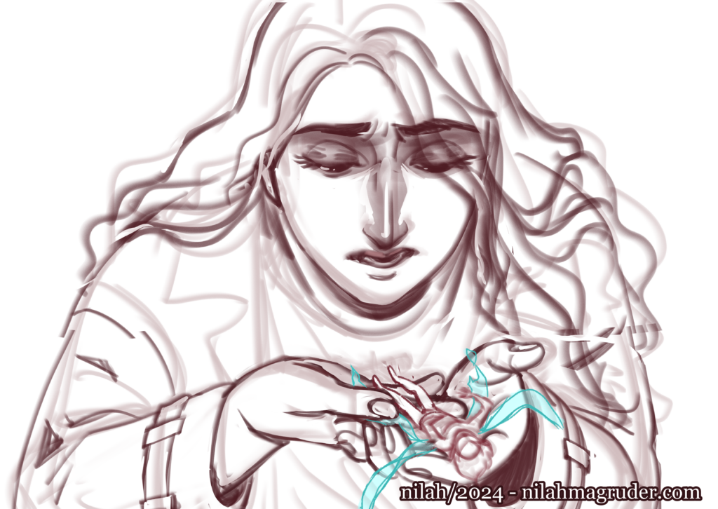 Digital sketch of a woman with long wavy hair looking down at a small fairy lying in her cupped hands.