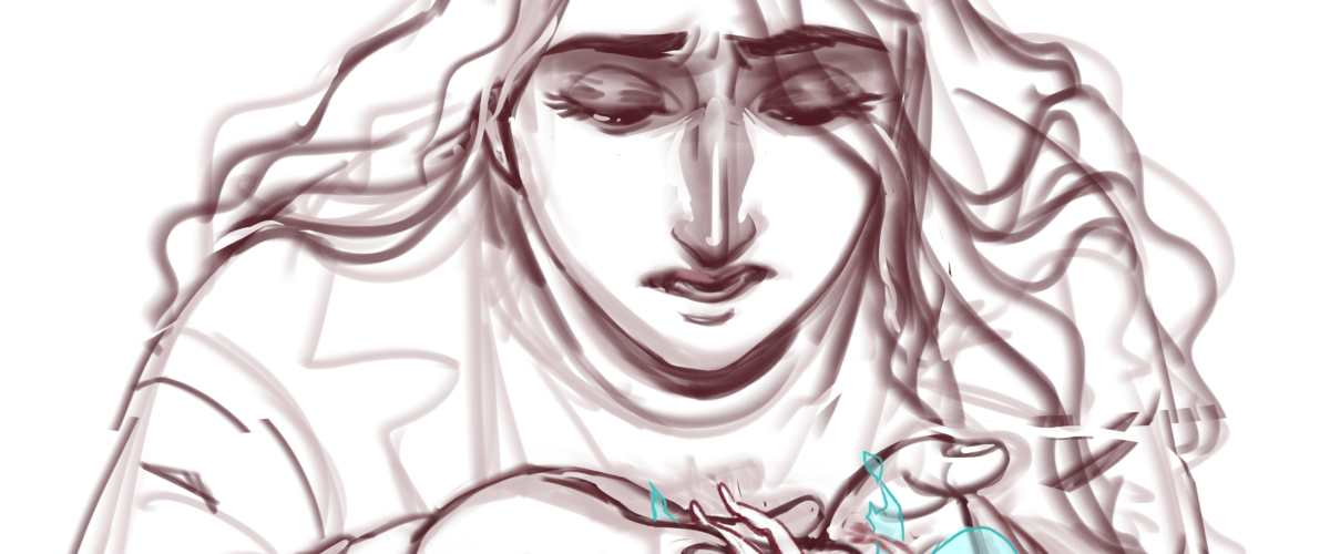 Digital sketch of a woman with long wavy hair looking down at a small fairy lying in her cupped hands.