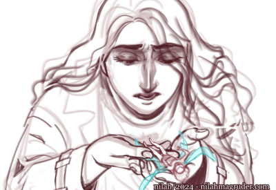 Digital sketch of a woman with long wavy hair looking down at a small fairy lying in her cupped hands.