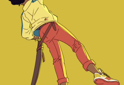 A digital drawing by Nilah Magruder. A Black woman with short black hair and pointed ears looks over her shoulder. Her hand is on the back of her neck and a sword and scabbard hang from her left side from a belt. She wears a yellow jacket with blue stripes down the sleeves, orange pants cropped mid-calf, and sneakers.