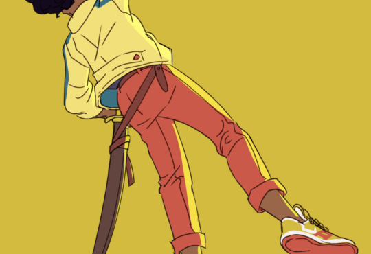 A digital drawing by Nilah Magruder. A Black woman with short black hair and pointed ears looks over her shoulder. Her hand is on the back of her neck and a sword and scabbard hang from her left side from a belt. She wears a yellow jacket with blue stripes down the sleeves, orange pants cropped mid-calf, and sneakers.