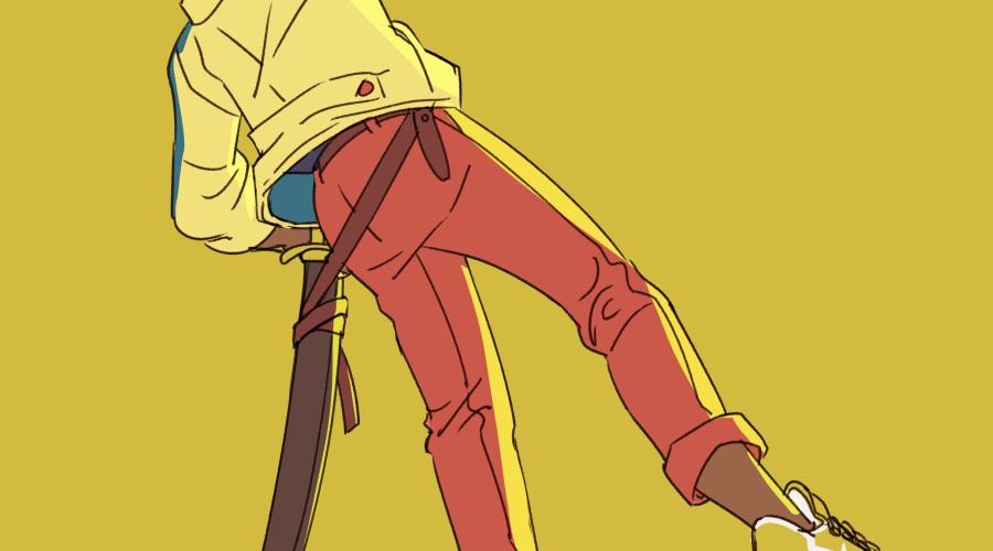 A digital drawing by Nilah Magruder. A Black woman with short black hair and pointed ears looks over her shoulder. Her hand is on the back of her neck and a sword and scabbard hang from her left side from a belt. She wears a yellow jacket with blue stripes down the sleeves, orange pants cropped mid-calf, and sneakers.