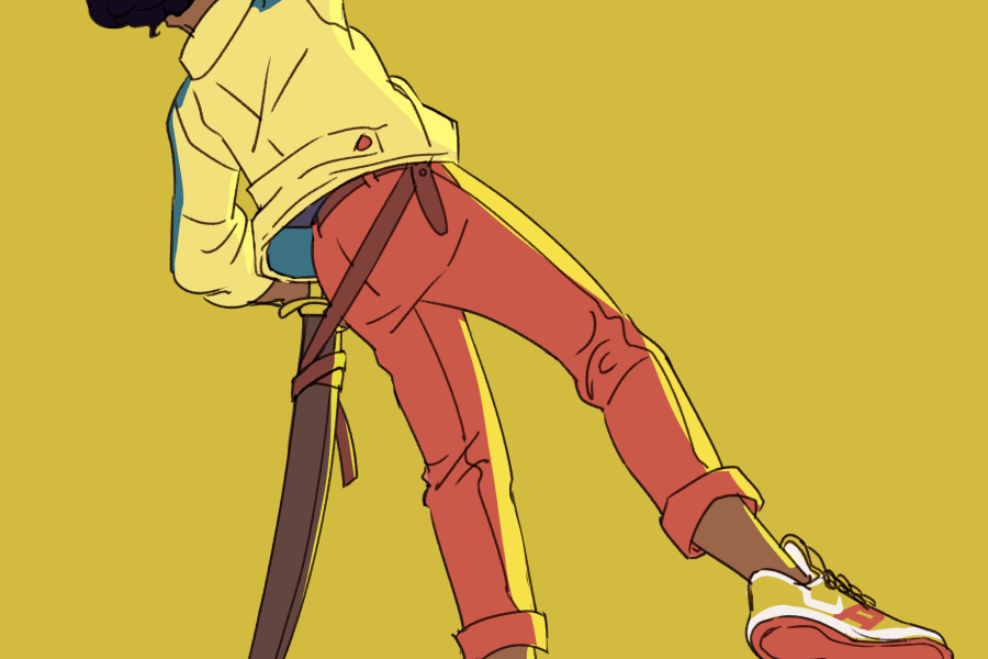 A digital drawing by Nilah Magruder. A Black woman with short black hair and pointed ears looks over her shoulder. Her hand is on the back of her neck and a sword and scabbard hang from her left side from a belt. She wears a yellow jacket with blue stripes down the sleeves, orange pants cropped mid-calf, and sneakers.