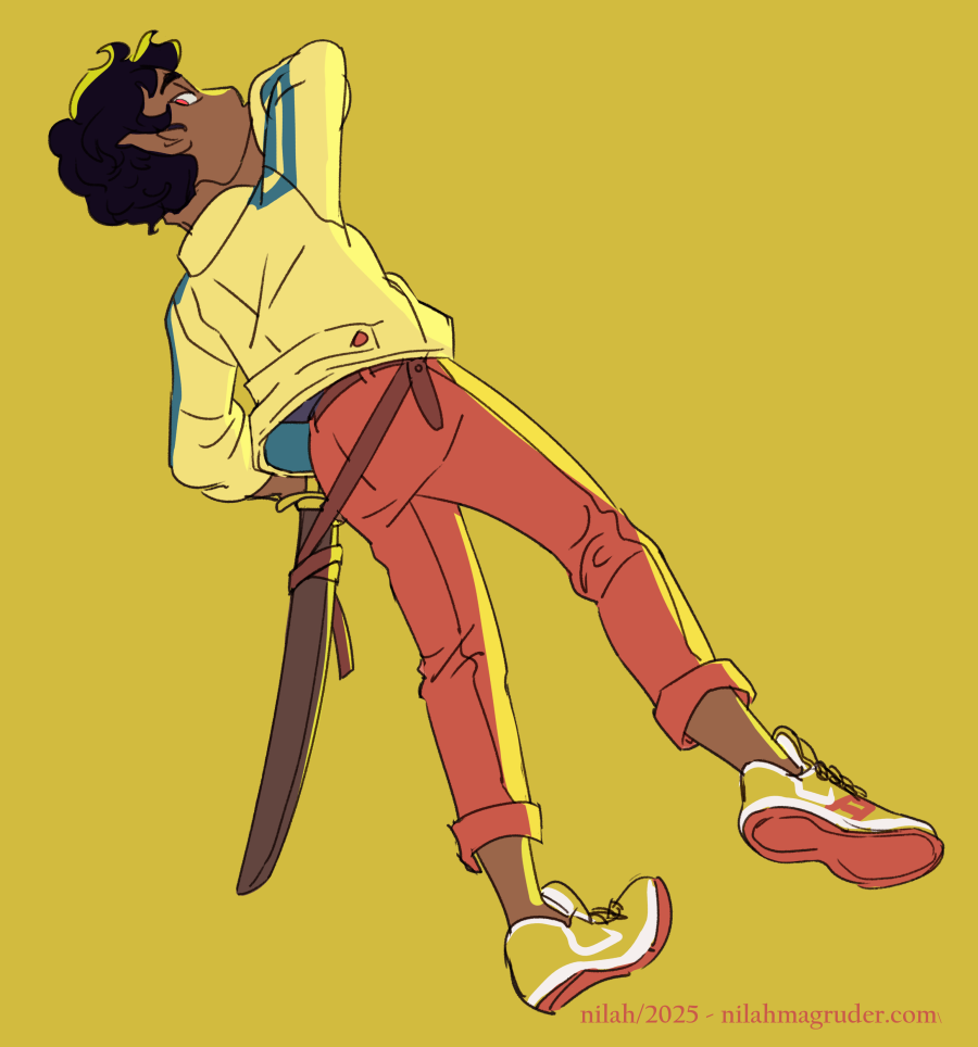 A digital drawing by Nilah Magruder. A Black woman with short black hair and pointed ears looks over her shoulder. Her hand is on the back of her neck and a sword and scabbard hang from her left side from a belt. She wears a yellow jacket with blue stripes down the sleeves, orange pants cropped mid-calf, and sneakers.