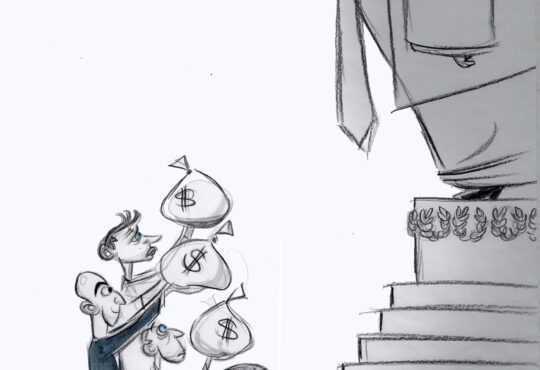 A sketch by political cartoonist Ann Telnaes. Sam Altman, Jeff Bezos, Patrick Soon-Shiong and Mark Zuckerberg present sacks of money to a giant statue of Donald Trump standing on a pedestal. Mickey Mouse lies prostrate, face down at the foot of the statue.