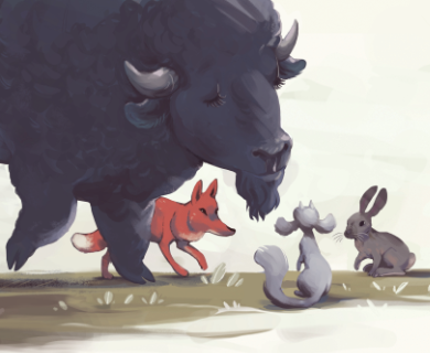 A page from WUTARYOO, a picture book by Nilah Magruder. A small squirrel-like creature with big ears, two small horns on her head, and a big fluffy tail looks up at a buffalo, a fox, and a rabbit, who all stare at the small creature curiously.