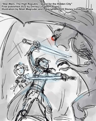 Rough sketch concept for the cover illustration of Star Wars: The High Republic - Quest for the Hidden City.