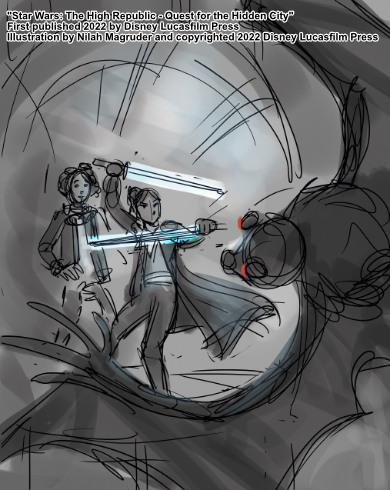 Rough sketch concept for the cover illustration of Star Wars: The High Republic - Quest for the Hidden City.