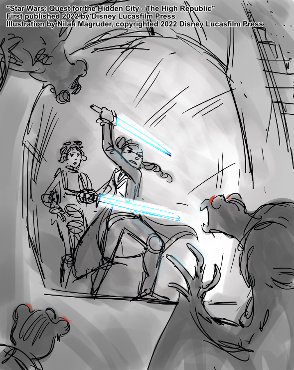 Rough sketch concept for the cover illustration of Star Wars: The High Republic - Quest for the Hidden City.