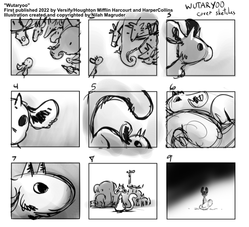 Thumbnail-size sketches for the design of the cover illustration for Wutaryoo.