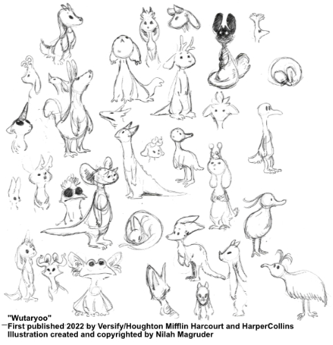 A page of graphite sketches exploring the design of a small, furry creature.