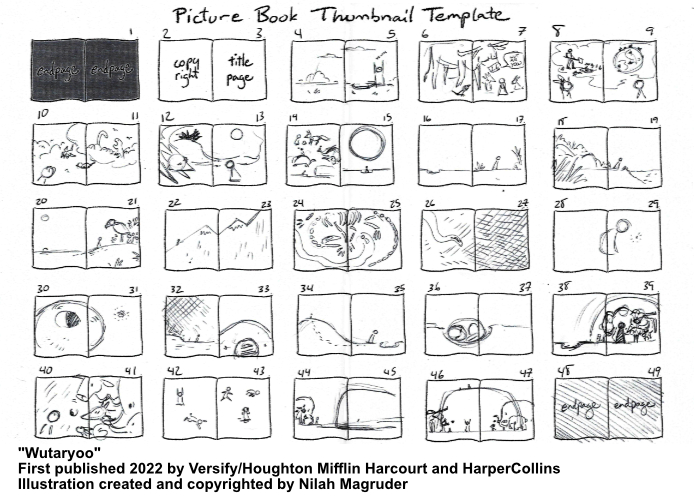 A template of thumbnail-size spreads for planning the pages for the Wutaryoo picture book dummy. The thumbnails are done in graphite and very simple.