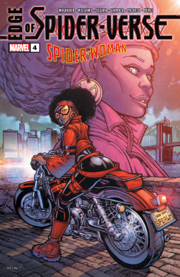 Cover of Edge of Spider-Verse #4 from Marvel Comics. The version of Jessica Drew from the Spider-Verse movies sits on her motorcycle, looking over her shoulder and smiling.